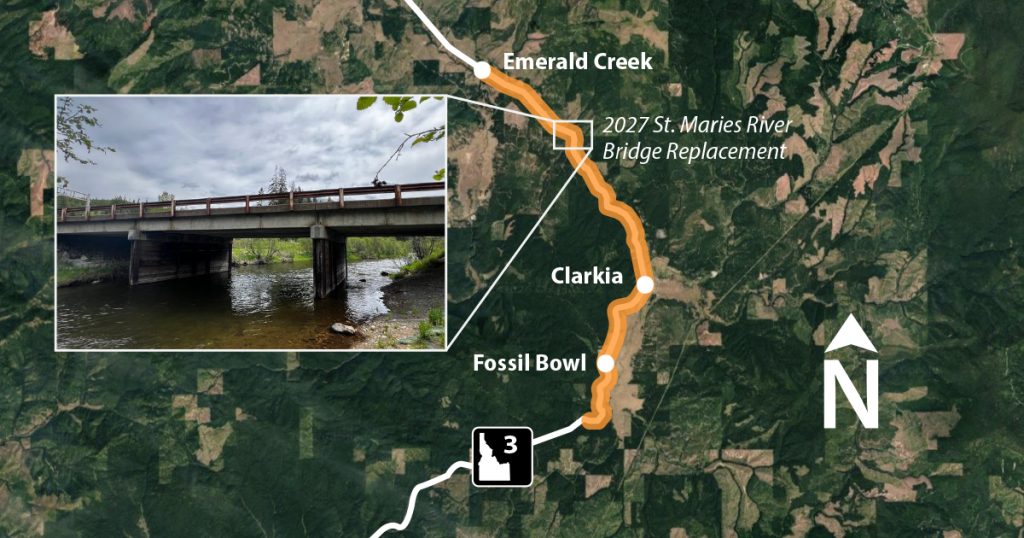 Map showing SH-3 from Emerald Creek to Fossil Bowl highlighted in Orange. A callout box also displays the area of the future St. Maries River Bridge replacement project scheduled for 2027.