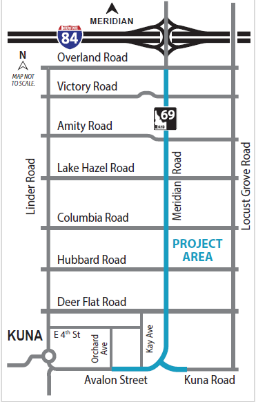 Map of the project area from Kuna Road to Overland Road on SH-69