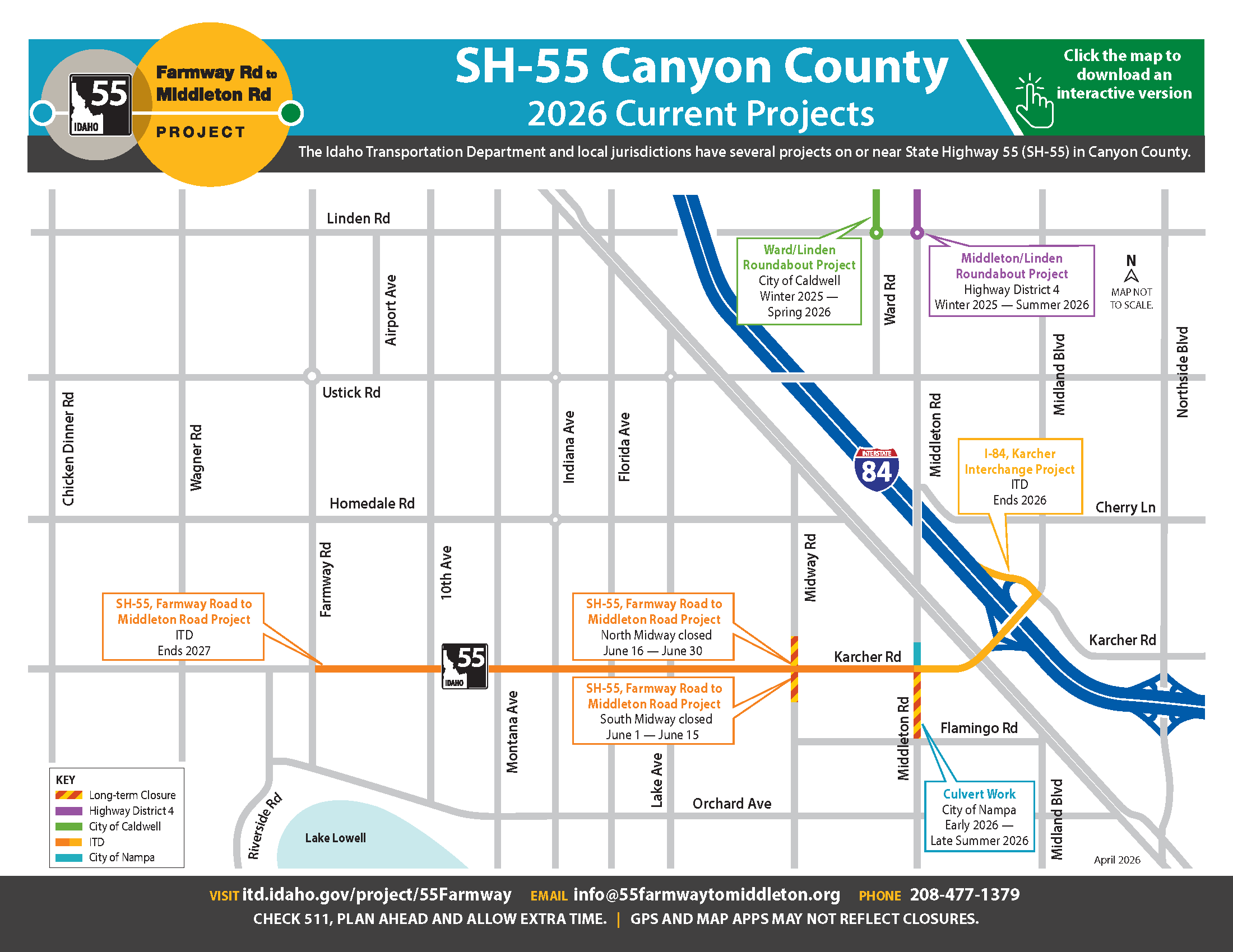 Map of all road construction projects in the SH-55, Canyon County area. 