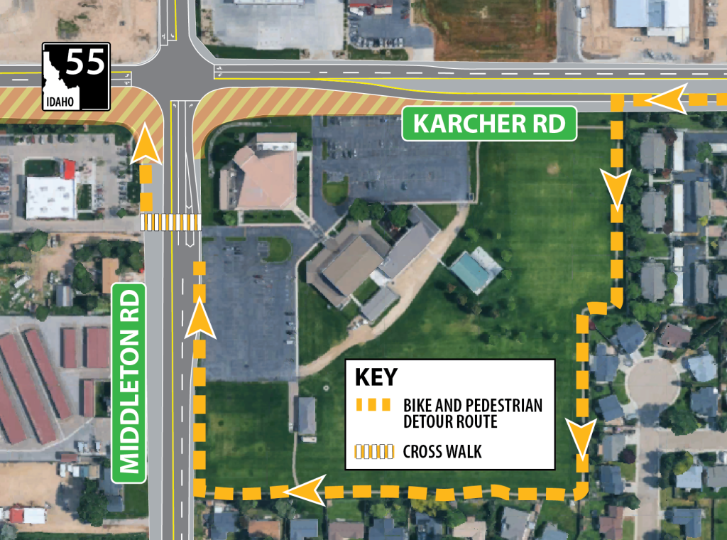 Map of pedestrian and cyclist detour at the Middleton Road intersection