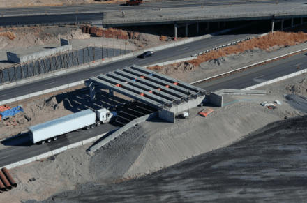 I 84 South Jerome Interchange girders with a truck driving underneath them.