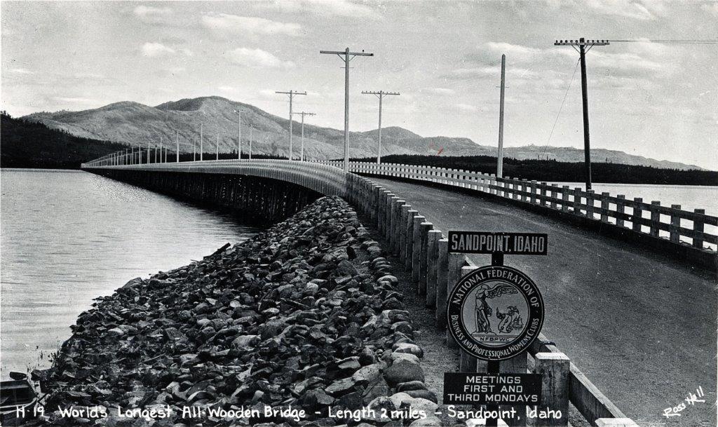 Historical photo of the original wooden Long Bridge near Sandpoint