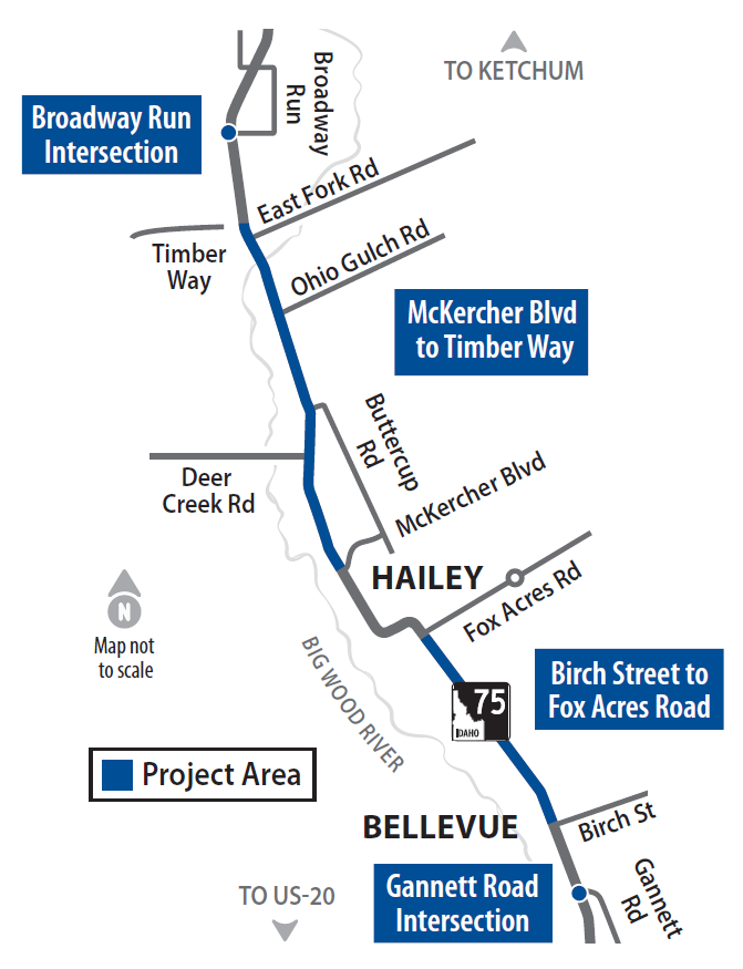 Map of project area on State Highway 75 near Bellevue.