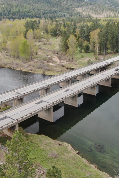 Aerial view of the I-90 bridges near Cataldo.
