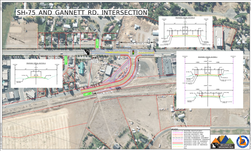 Detailed map showing proposed improvements to the intersection of SH-75 and Gannett Road. 