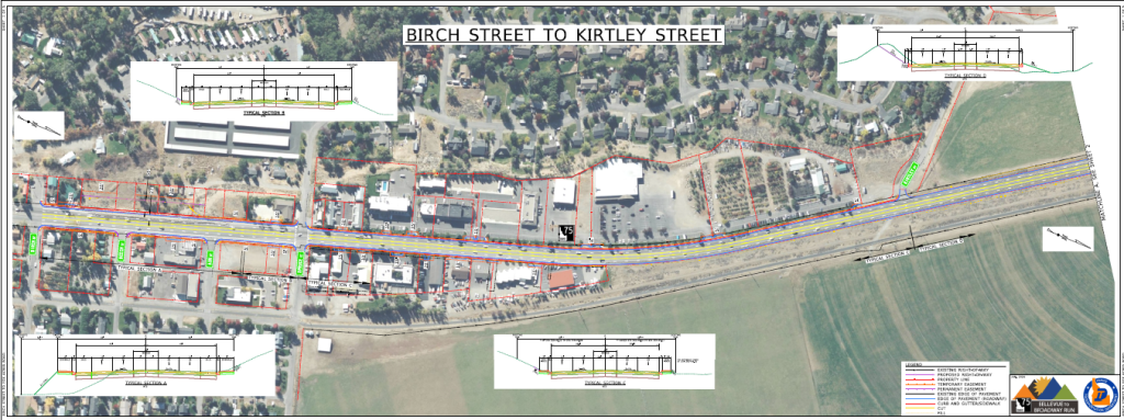 Detailed map showing proposed improvements to SH-75 between Birch Street and Kirtley Street.