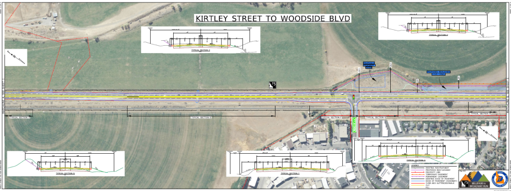 Detailed map showing proposed improvements to SH-75 between Kirtley Street and Woodside Blvd.