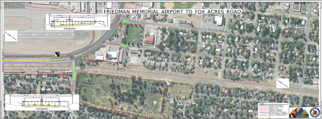 Detailed map showing proposed improvements to SH-75 between the Friedman Memorial Airport and Fox Acres Road.