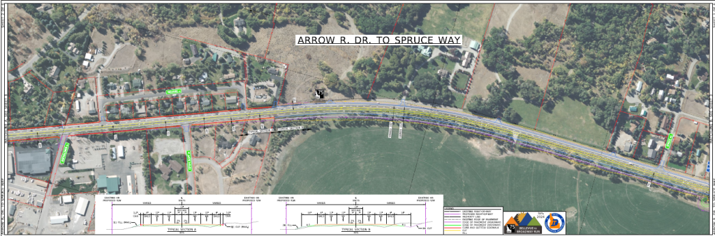 Detailed map showing proposed improvements to SH-75 between Arrow Dr and Spruce Way.