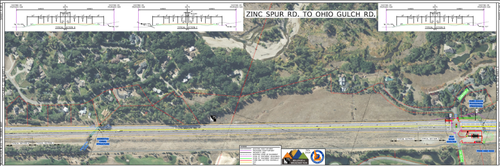 Detailed map showing proposed improvements to SH-75 between Zinc Spur and Ohio Gulch Road.