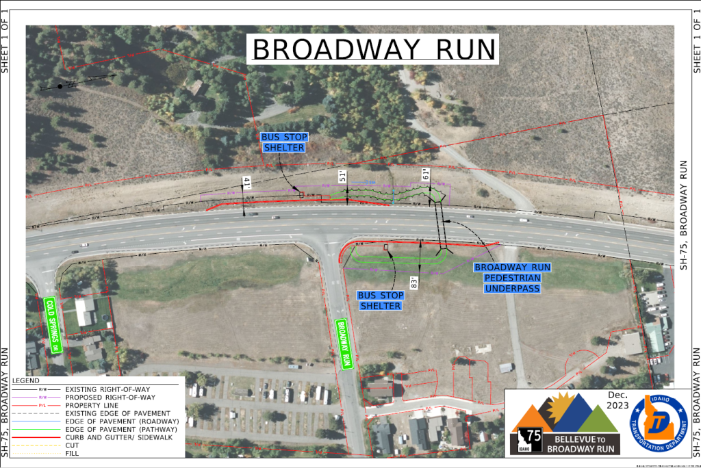 Detailed map showing proposed improvements to the intersection of SH-75 and Broadway Run. 
