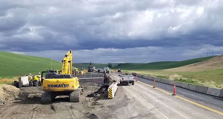Construction equipment and work zone at Thorn Creek Bridge along US-95.