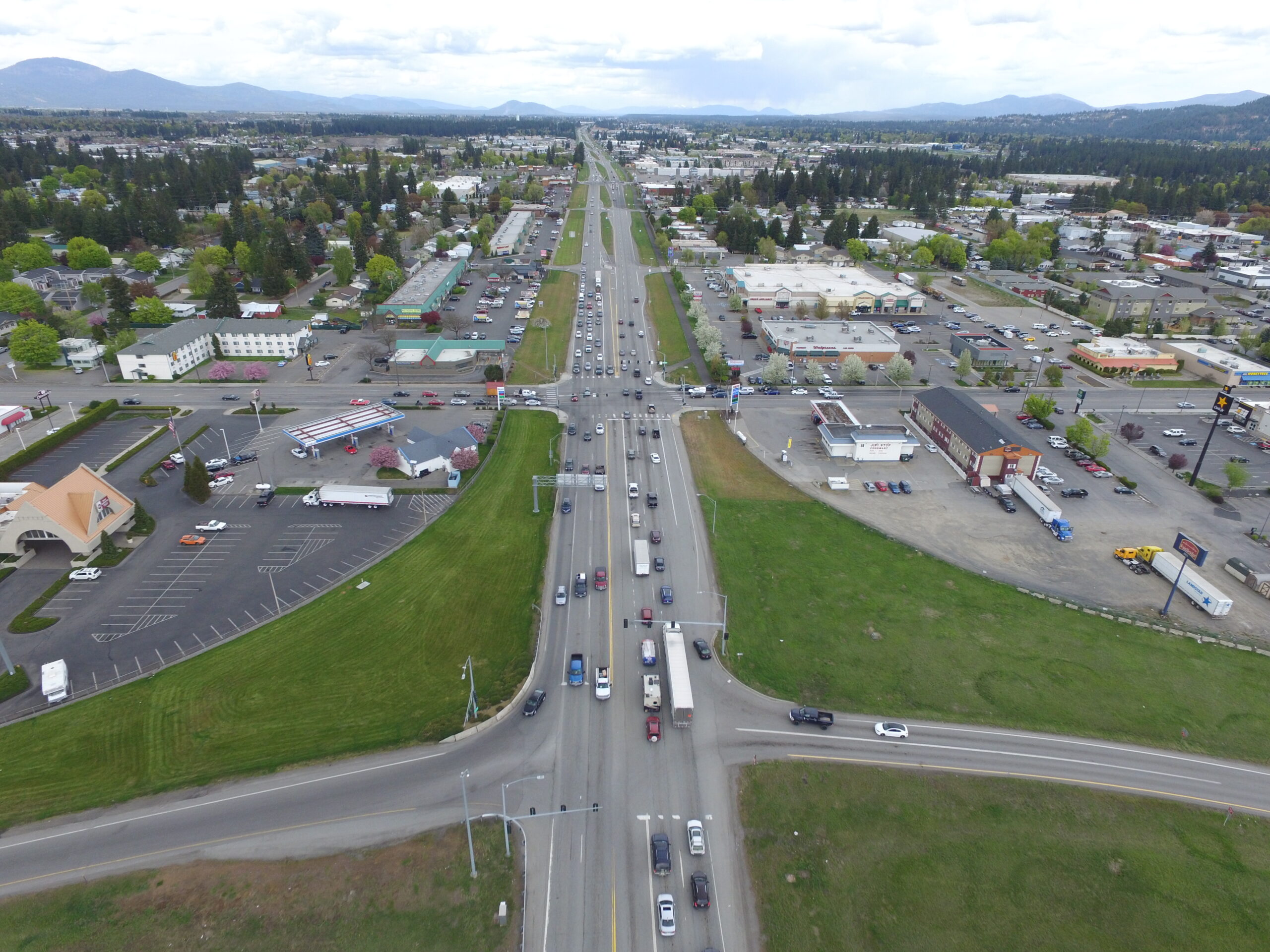 Aerial view of the I-90, US-95 interchange in 2021