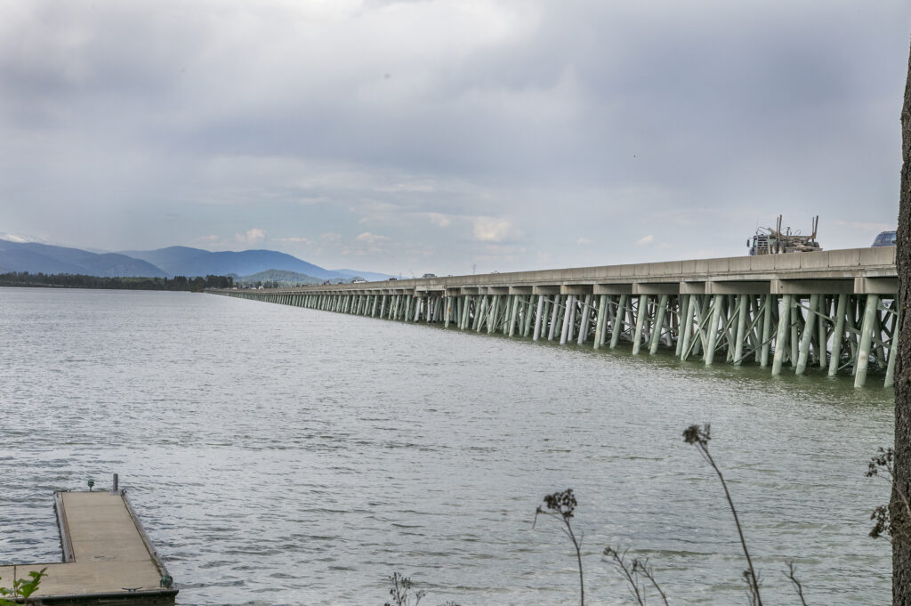 Side view of the pilings that support the Long Bridge on US-95
