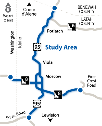 Map of study area on US-95 ranging from the Benewah County line to Snow Road to the south of Moscow.