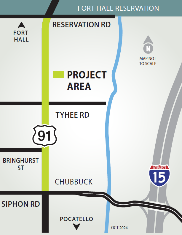 Map graphic showing US-91 between Pocatello and Fort Hall with the highway highlighted between Siphon and Reservation roads. 