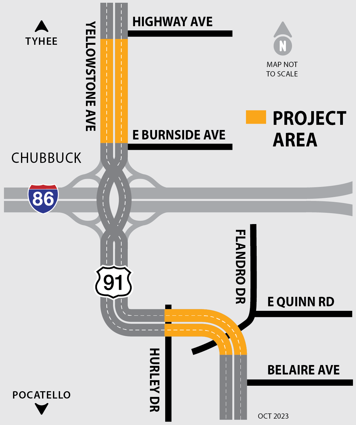 Map showing the Yellowstone Avenue (US-91) concrete replacement project area.
