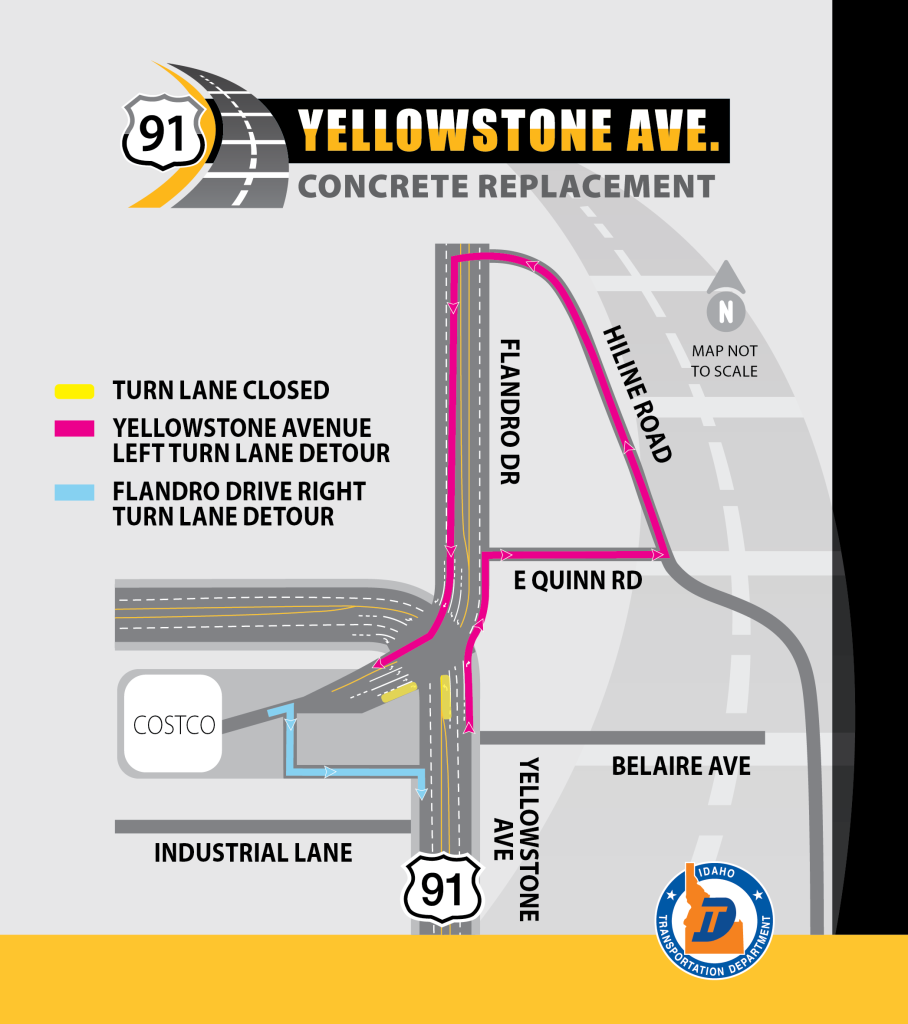 Detour map showing for turn lane closures at the Yellowstone Ave/Flandro Dr intersection in Pocatello. 