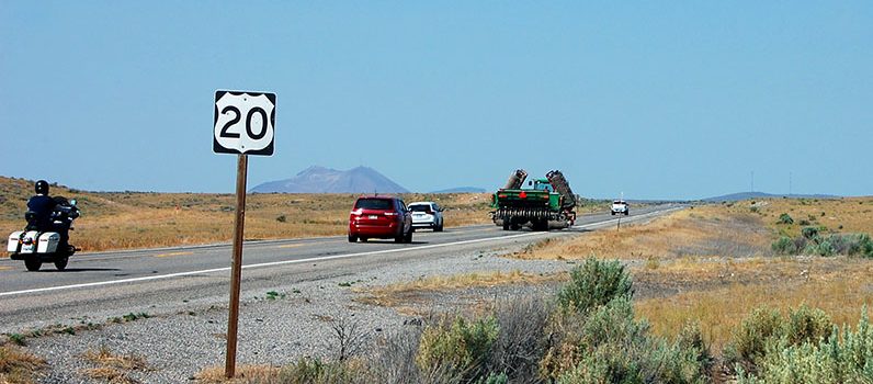 Roadside view of US-20 roadway and traffic west of Idaho Falls.
