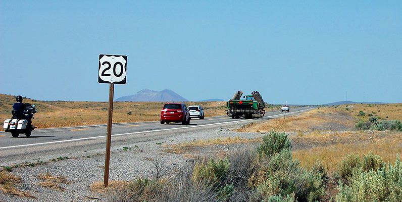 Roadside view of US-20 roadway and traffic west of Idaho Falls.