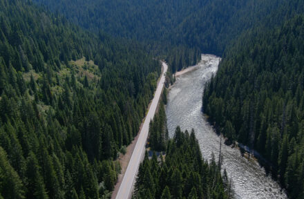 Picture of US-12 taken from a drone with the river on the right-side and the highway on the left-side.