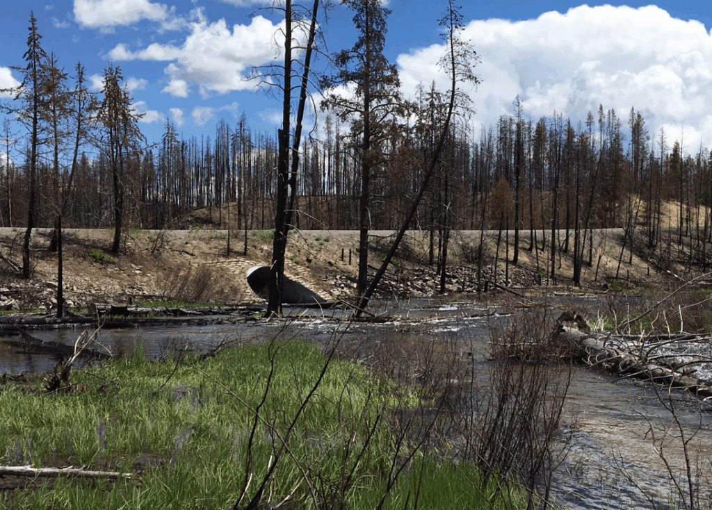 Corrugated metal culvert causing unnatural flooding of Elk Creek under SH-21.