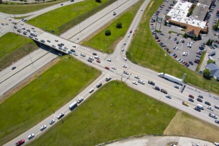 Aerial view of the I-90 US-95 interchange in 2025.