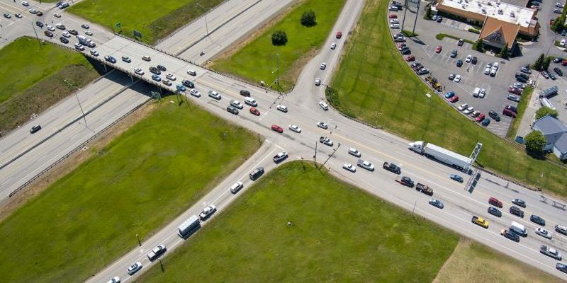 Aerial view of the US-95, I-90 interchange in 2025.
