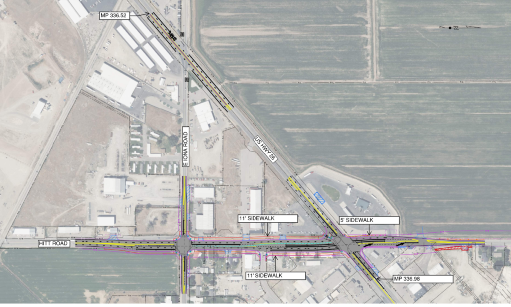 Map indicating the improvements to be constructed at the intersection of US-26 and Hitt Road in Idaho Falls.