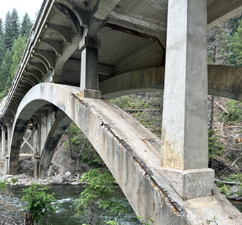Existing Rainbow Bridge from the ground. Photo shows deterioration of concrete and rebar.