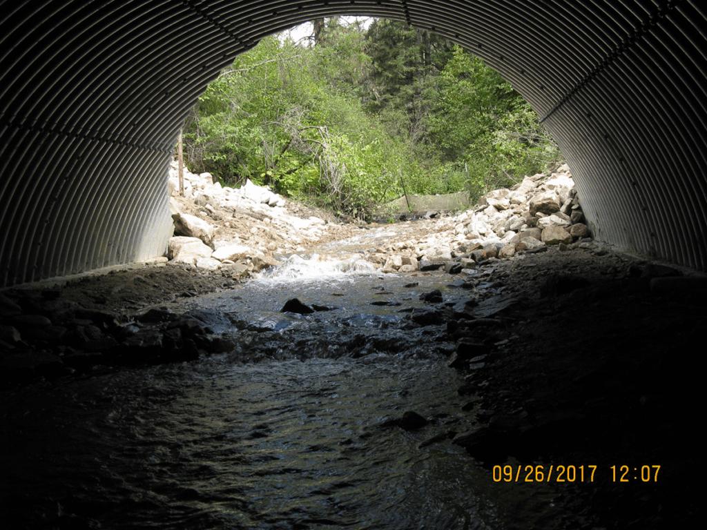 An open bottom culvert with a stream running through it.