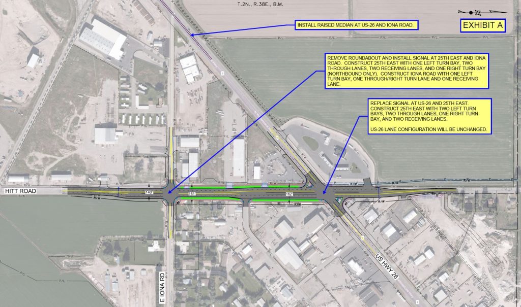 Aerial map of US-26 Hitt Road intersection in Idaho Falls with planned improvements labeled.