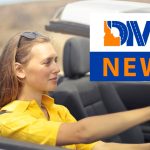 Brunette woman in a yellow top with sunglasses on her head driving a convertible. "DMV News" is in a box with more text indicating to "Skip the Trip".