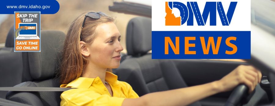 Brunette woman in a yellow top with sunglasses on her head driving a convertible. "DMV News" is in a box with more text indicating to "Skip the Trip".