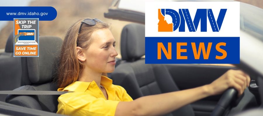 Brunette woman in a yellow top with sunglasses on her head driving a convertible. "DMV News" is in a box with more text indicating to "Skip the Trip".