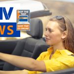 Brunette woman in a yellow top with sunglasses on her head driving a convertible. "DMV News" is in a box with more text indicating to "Skip the Trip".