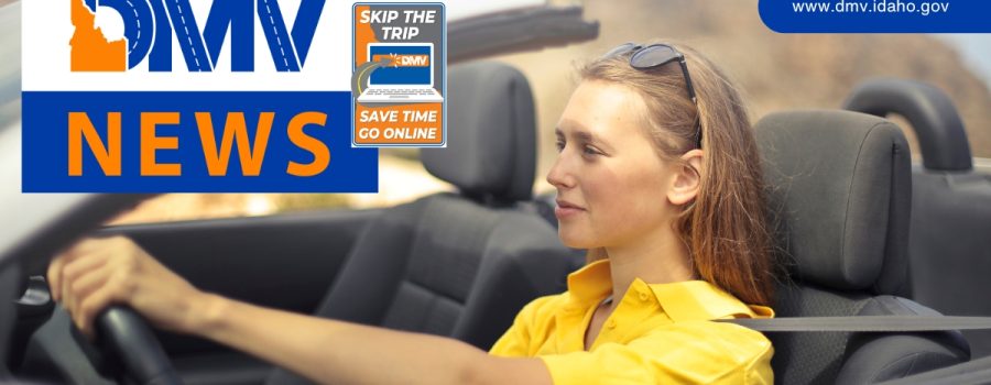 Brunette woman in a yellow top with sunglasses on her head driving a convertible. "DMV News" is in a box with more text indicating to "Skip the Trip".