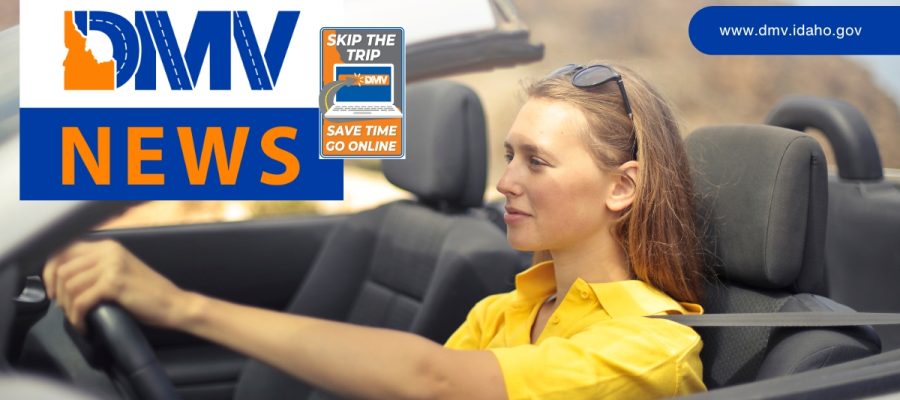 Brunette woman in a yellow top with sunglasses on her head driving a convertible. "DMV News" is in a box with more text indicating to "Skip the Trip".