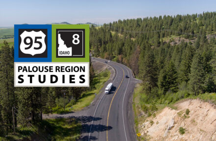 Drone picture of US-95 near Moscow. Text reads as "US-95 and SH-8 Palouse Region Studies."