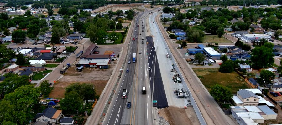 Aerial view of traffic on Interstate 84 in Caldwell