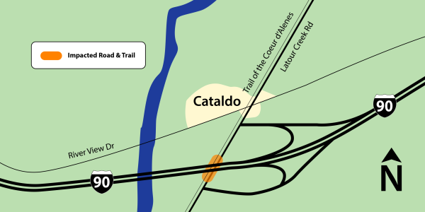 Map of the affected area on the bike trail and Latour Creek Road in the work zone.