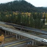Aerial view of I-90 over Latour Creek Road and the bike trail.