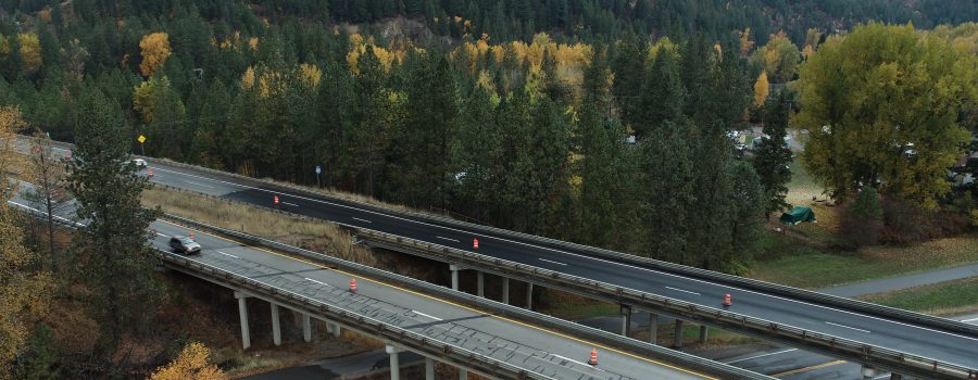 Aerial view of I-90 over Latour Creek Road and the bike trail.