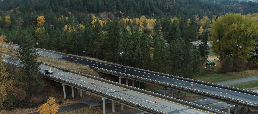 Aerial view of I-90 over Latour Creek Road and the bike trail.