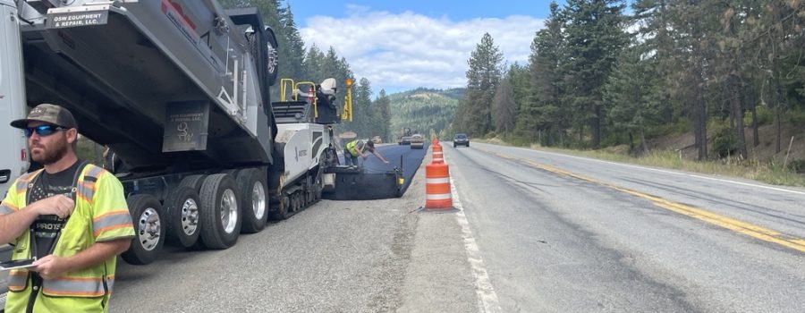 Asphalt being laid down on the newly constructed section of SH-54