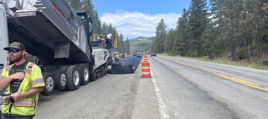 Asphalt being laid down on the newly constructed section of SH-54
