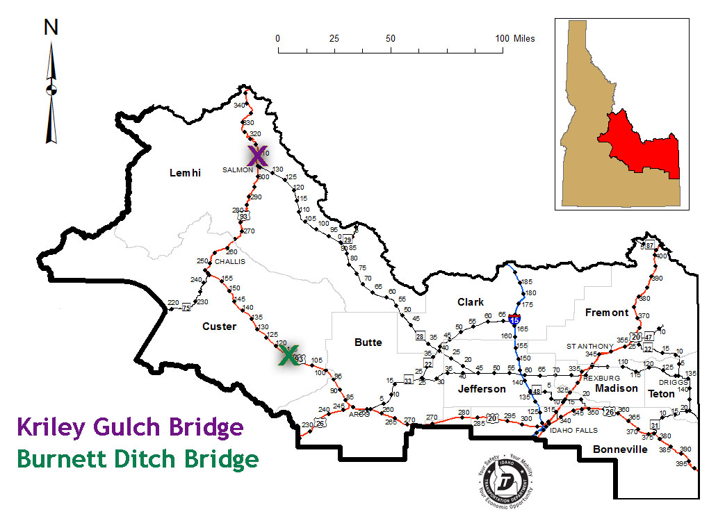 Graphic map of the District Six, eastern Idaho, area of the Idaho Transportation Department. Kriley Gulch and Burnett Ditch locations are marked.