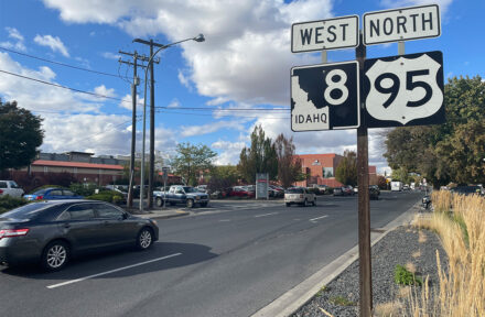 Picture of the intersection where west State Highway 8 and north U.S. Highway meet in Moscow. Gritman Hospital can be seen in the background.