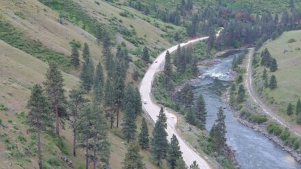 Aerial view of SH-55 running along the river.