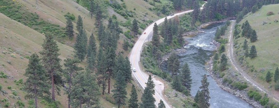 Aerial view of SH-55 running alongside the river.